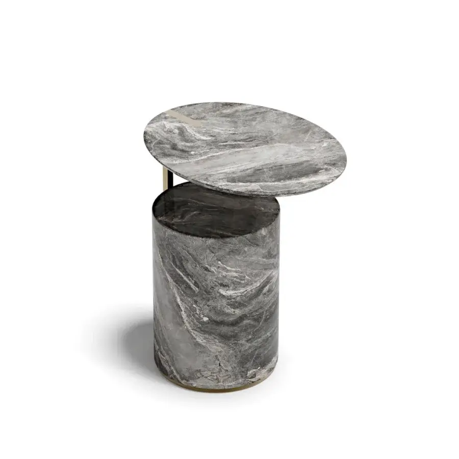 Exclusive Capital Hugo side table with cool gray marble and cylindrical base crafted in lustrous gold-tone metal