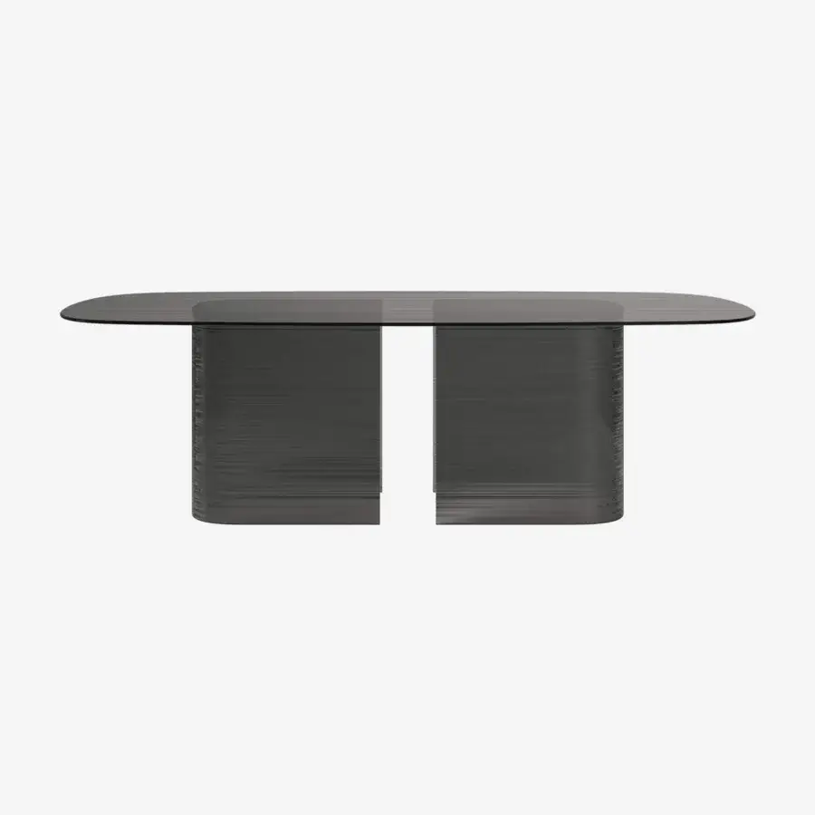 Distinctive Tonin Casa Millerighe table with cast glass tabletop and elegantly curved legs in a dark muted tone with glossy finish