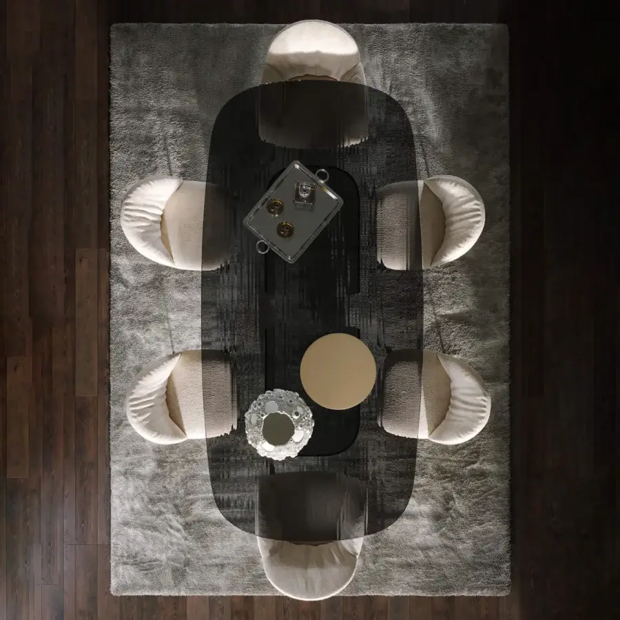 Distinctive Tonin Casa Millerighe table with a ribbed cast glass tabletop and glossy dark brown finish