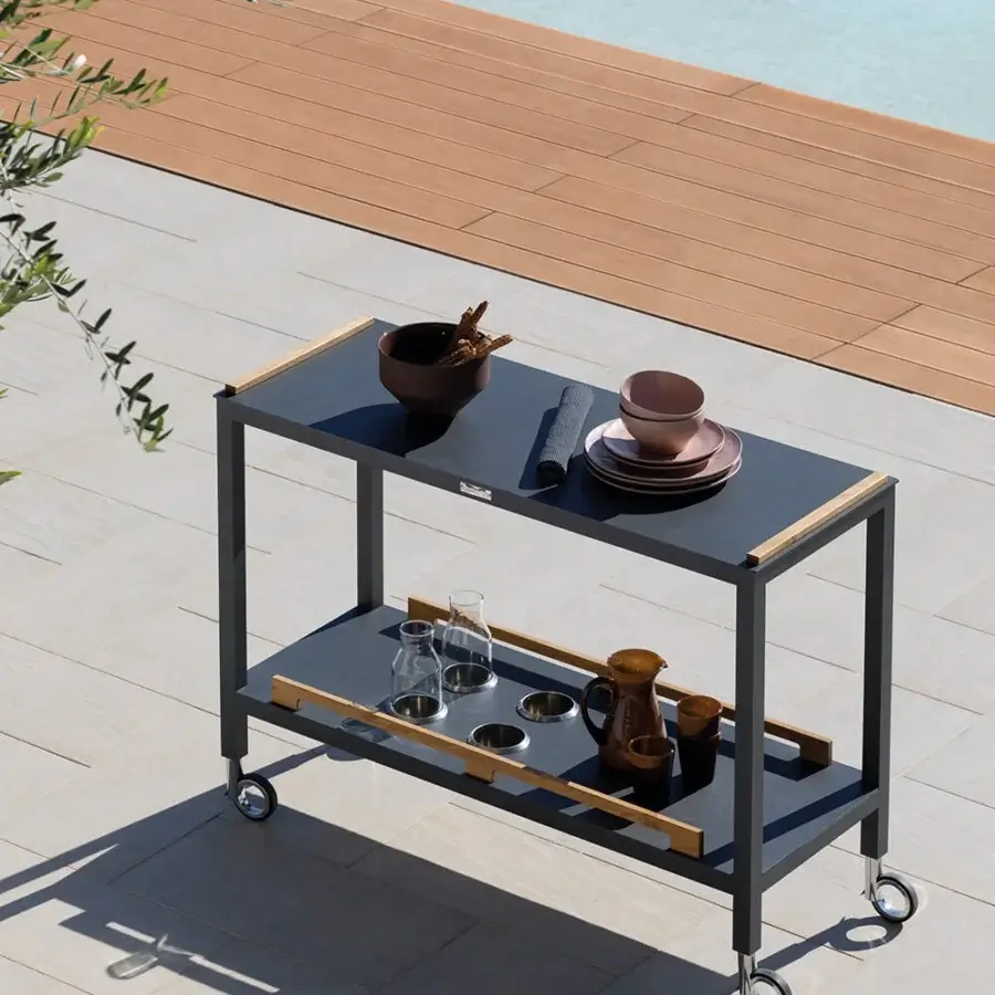 Elegant Atmosphera Flair console with durable epoxy-coated aluminum and oiled teak wood in dark gray and warm brown tones