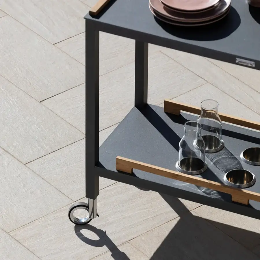 Distinguished Atmosphera Flair console crafted with durable epoxy-coated aluminum and beautiful oiled teak detailing in dark gray