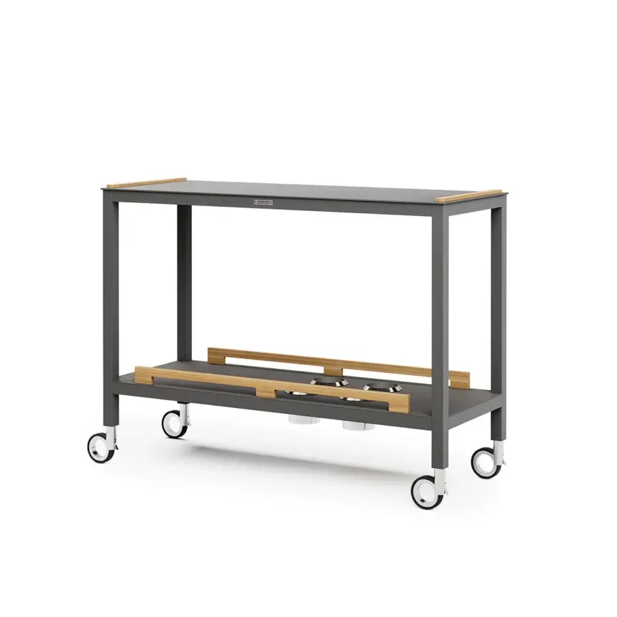 Exceptional Atmosphera Flair console with a durable epoxy-coated aluminum frame and beautiful oiled teak details