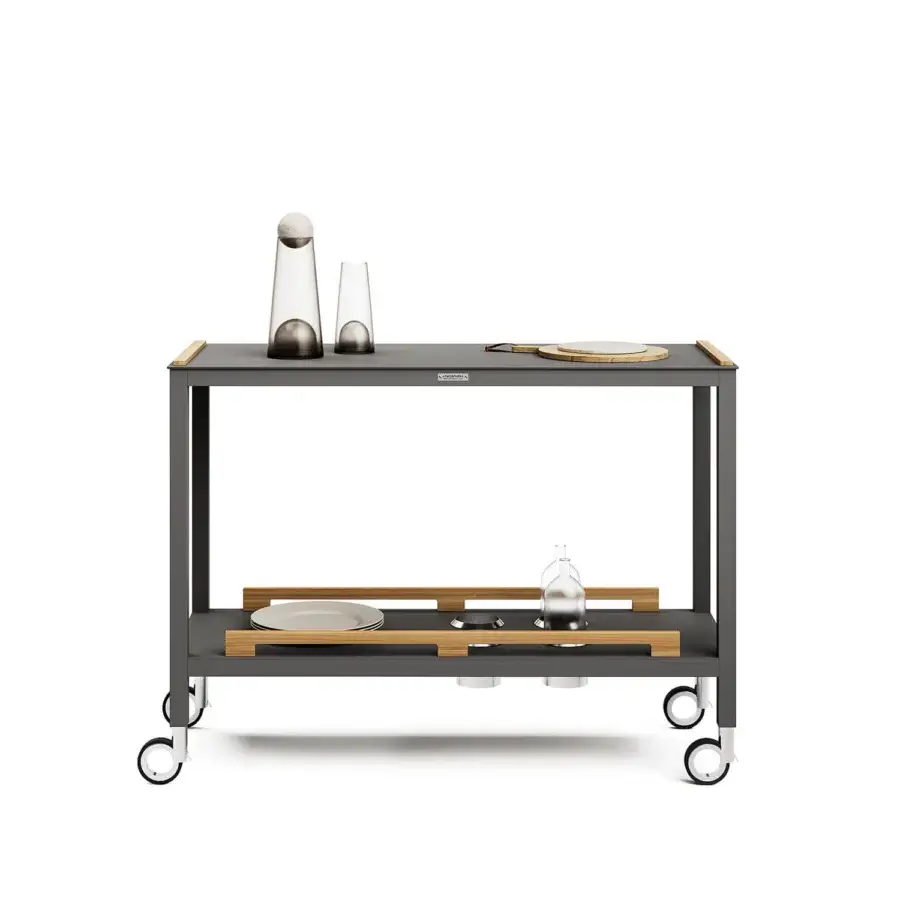 Elegant Atmosphera Flair console crafted with durable epoxy-coated aluminum and contrasting oiled teak detailing