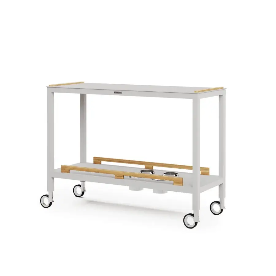 Superior Atmosphera Flair console crafted with durable epoxy-coated aluminum and beautiful oiled teak accents in a striking white finish