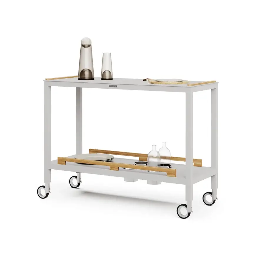 Distinguished Atmosphera Flair console with durable epoxy-coated aluminum and beautiful oiled teak shelving in a light gray finish