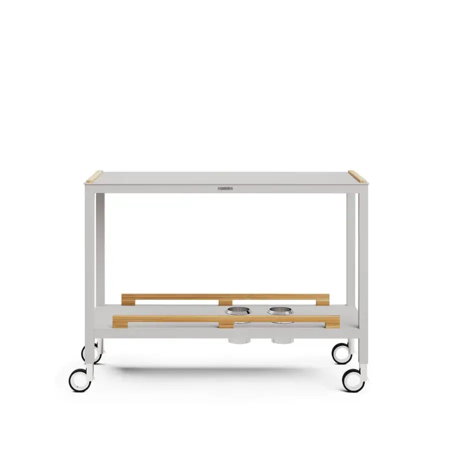 Elegant Atmosphera Flair console with light gray epoxy-coated aluminum and oiled teak wood construction