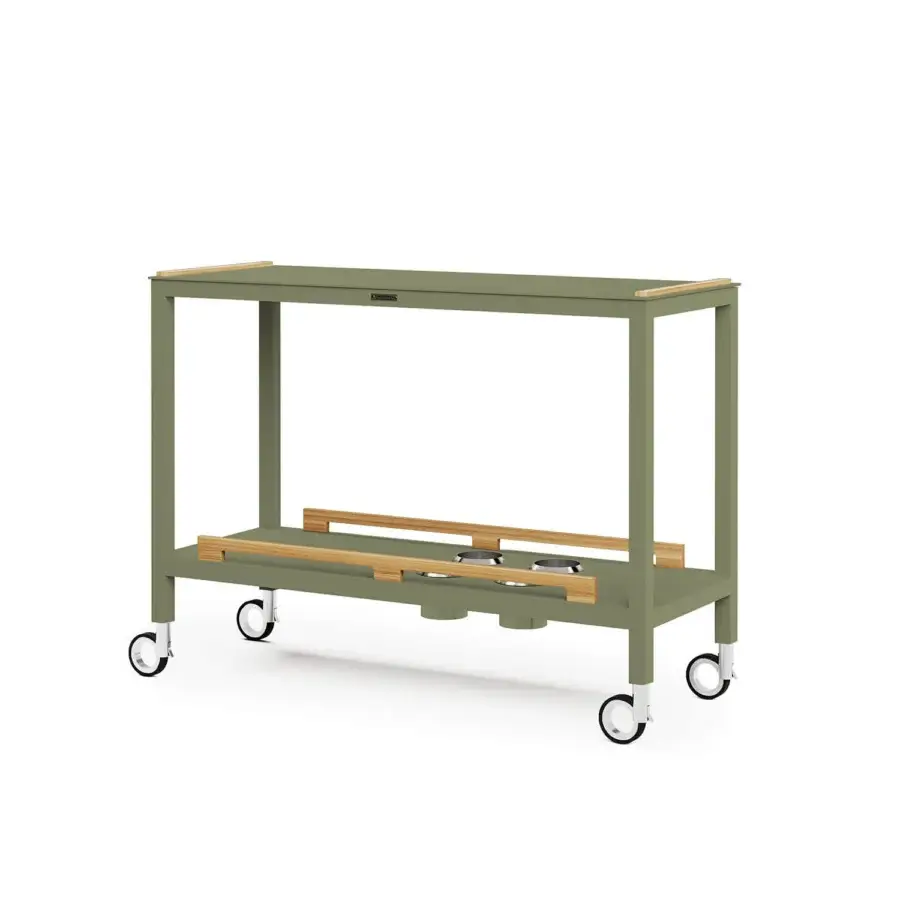 Distinguished Atmosphera Flair console crafted with olive-green epoxy-coated aluminum and oiled teak accents