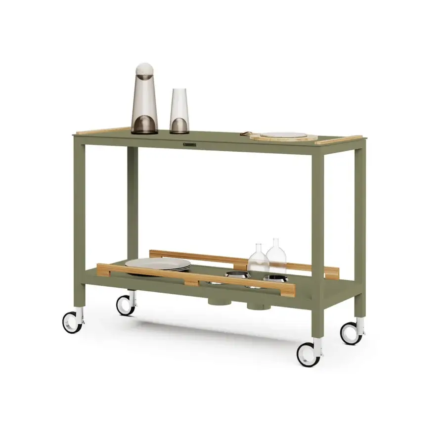 Superior Atmosphera Flair console crafted with matte olive-green epoxy-coated aluminum and oiled teak details