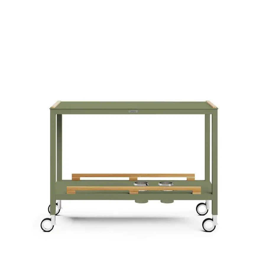 Distinguished Atmosphera Flair console with angular geometry in matte olive-green epoxy-coated aluminum and oiled teak accents