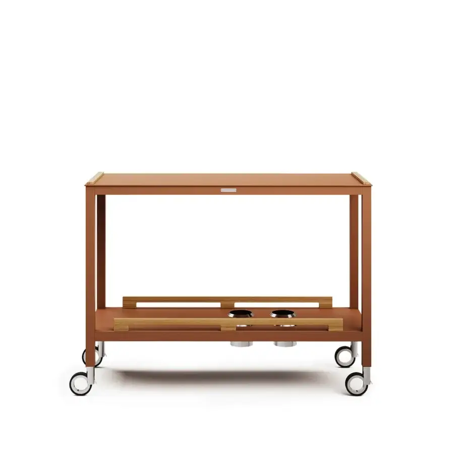 Exceptional Atmosphera Flair console crafted with oiled teak and epoxy-coated aluminum offering a warm reddish-brown tone with open shelving