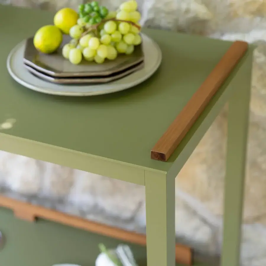 Elegant Atmosphera Flair console built with oiled teak and epoxy-coated aluminum in a muted olive green finish