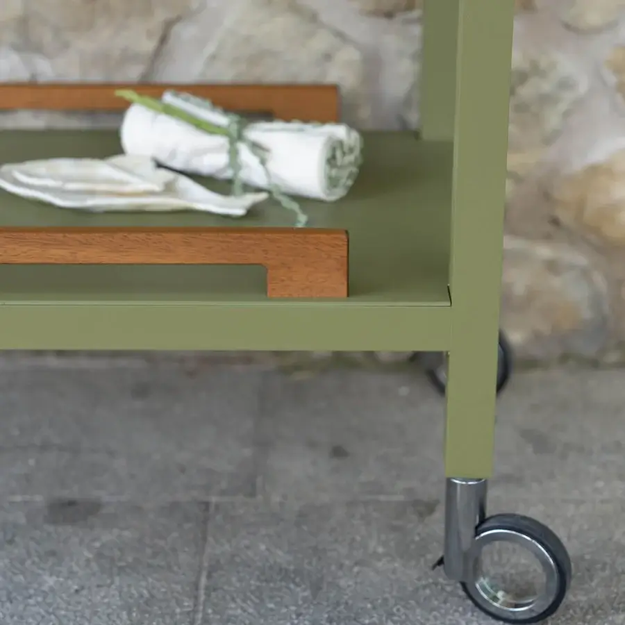 Superior Atmosphera Flair console crafted with matte olive-green epoxy-coated aluminum and oiled teak shelves