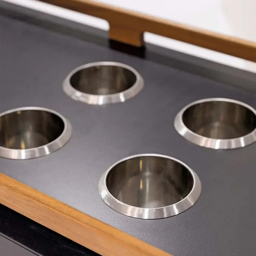 Distinguished Atmosphera Flair console with durable epoxy-coated aluminum and oiled teak, accented by polished stainless steel recesses