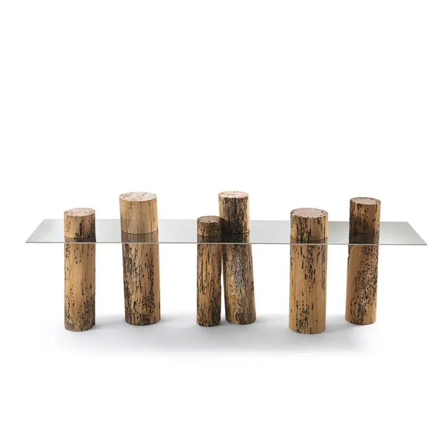 Exceptional Riva 1920 Venice console with polished steel and reclaimed Briccola wood posts displaying weathered texture and natural beige to gray tones
