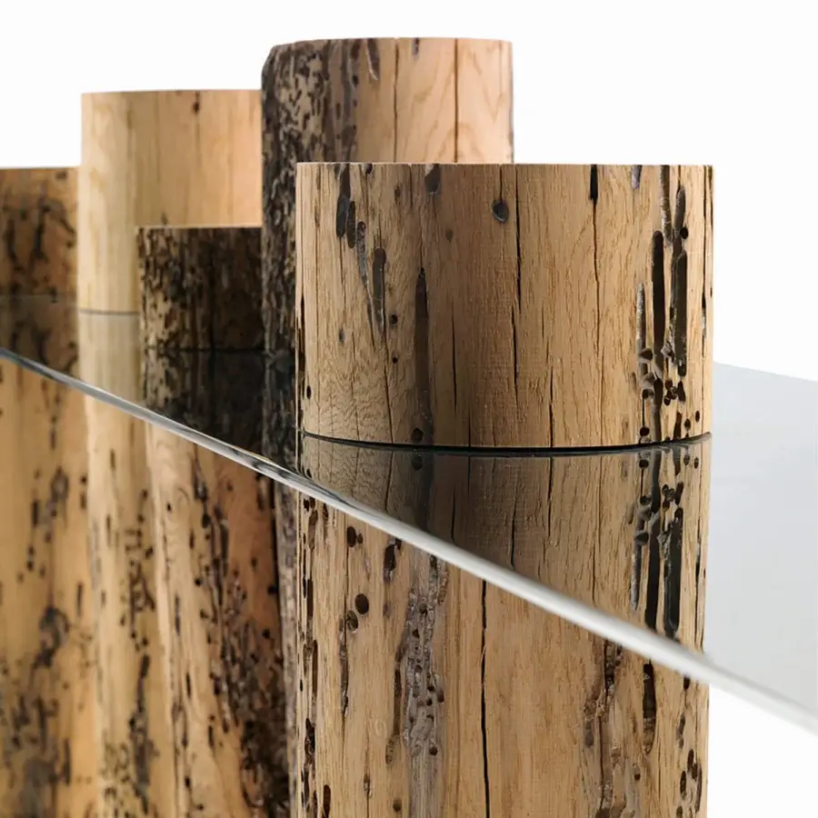 Luxury Riva 1920 Venice console crafted with reclaimed Briccola wood and polished steel, embodying heritage with a modern aesthetic