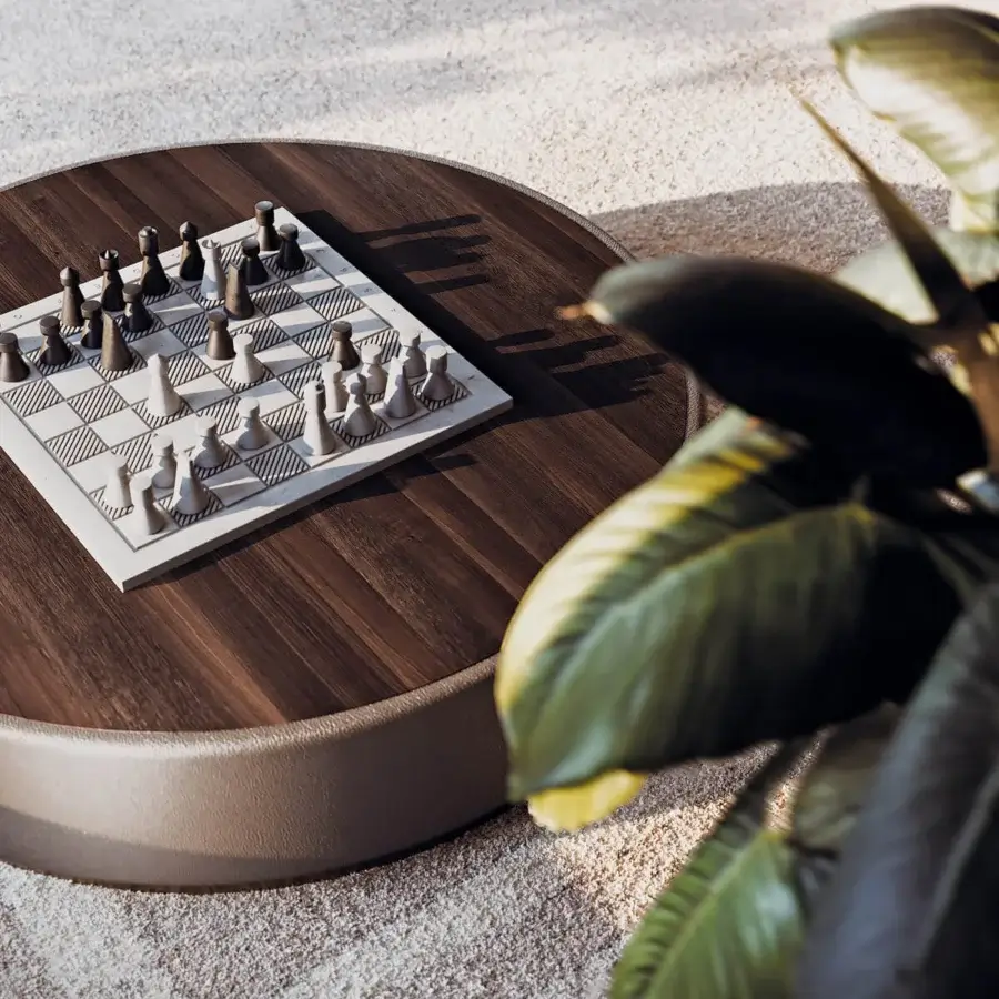 Superior Capital Étoile coffee table with wood tabletop and light beige upholstered base in a natural satin finish