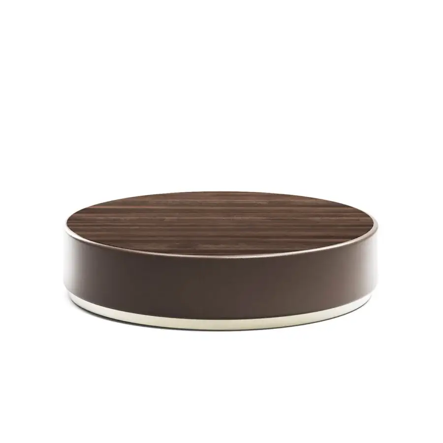 Distinguished Capital Étoile coffee table with dark brown wood tabletop and lighter brown smooth body built with a refined metallic base