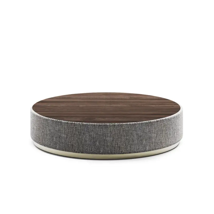 Exceptional Capital Étoile coffee table with dark brown wood tabletop, textured gray textile wrapped base and polished metallic plinth with satin finish