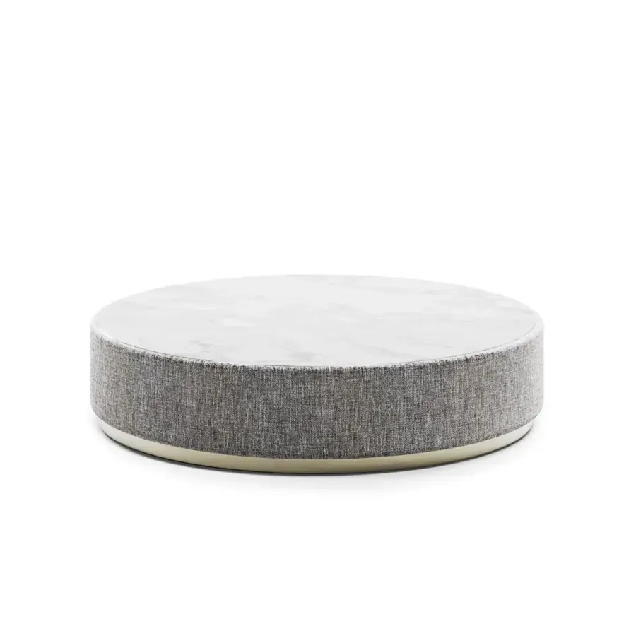 Distinguished Capital Étoile coffee table with polished marble tabletop and neutral gray fabric-wrapped structure with refined metallic plinth base