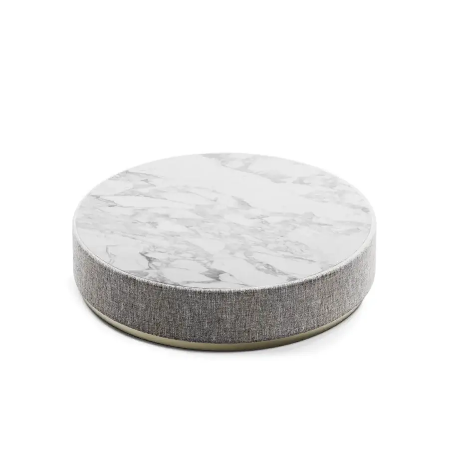 Exceptional Capital Étoile coffee table crafted with white marble, soft gray fabric upholstery and gold-toned metallic plinth base