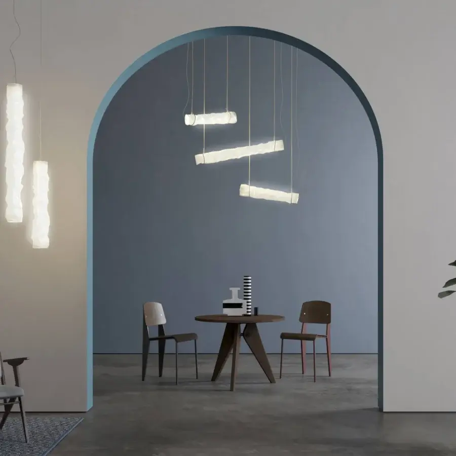 Superior Contardi Baggy Vertical suspension lamp crafted in double-satin polycarbonate with a neutral white finish