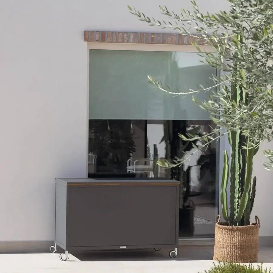 Distinguished Atmosphera Flair accessory box crafted with oiled teak and muted green glass with a dark gray finish