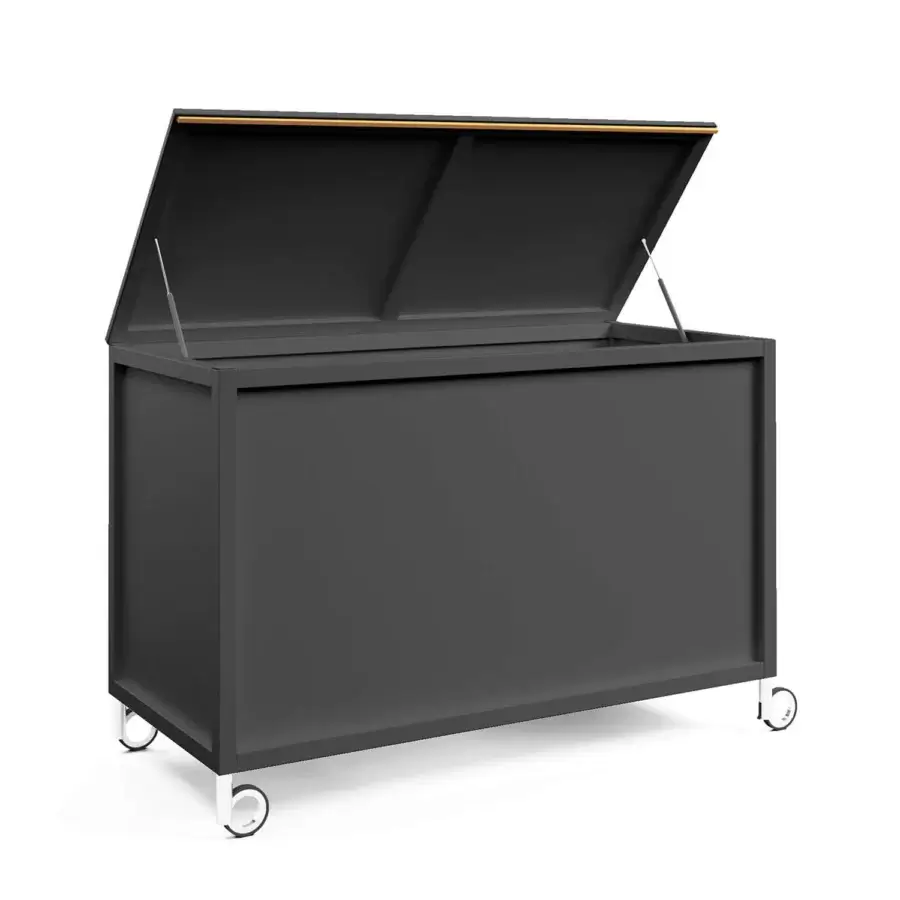 Elegant Atmosphera Flair accessory box with dark gray epoxy-coated aluminum and oiled teak construction with a sleek matte finish