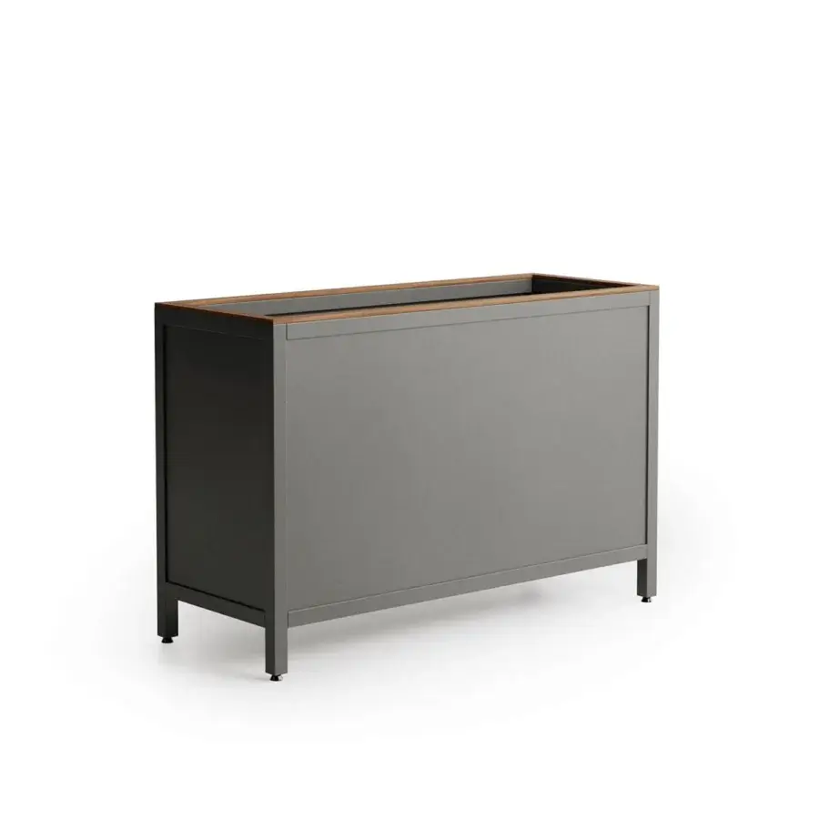 Elegant Atmosphera Flair planter crafted in epoxy-coated aluminum with oiled teak detailing exhibiting a dark gray finish