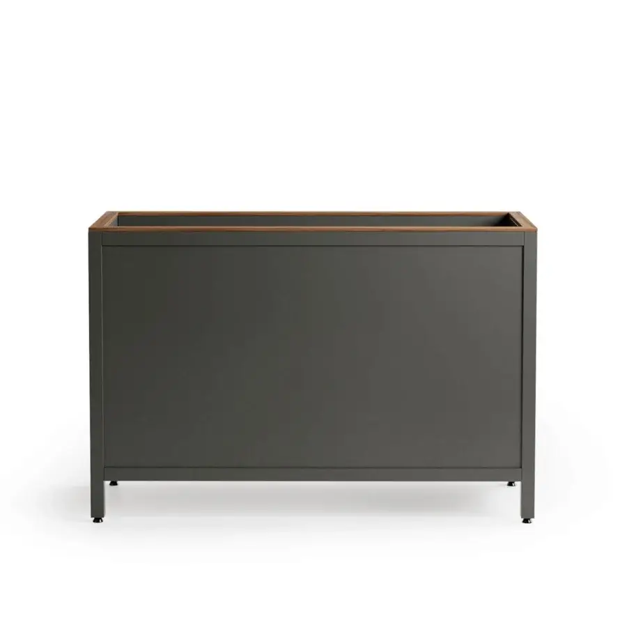 Exceptional Atmosphera Flair planter crafted in epoxy-coated aluminum with oiled teak exhibiting a sleek matte dark gray finish