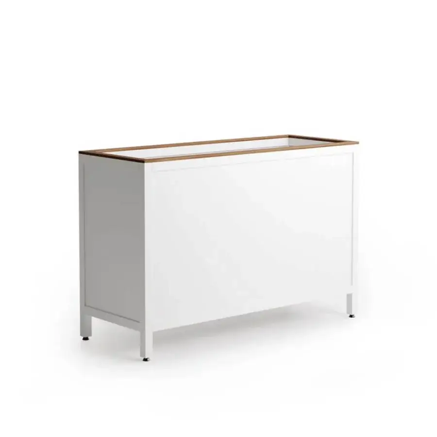 Superior Atmosphera Flair planter crafted in epoxy-coated aluminum with oiled teak exhibiting a matte finish