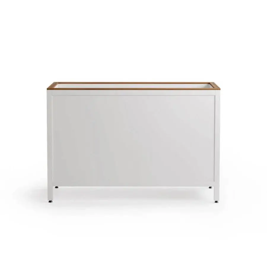 Distinguished Atmosphera Flair planter crafted in epoxy-coated aluminum with oiled teak exhibiting a sleek white matte finish