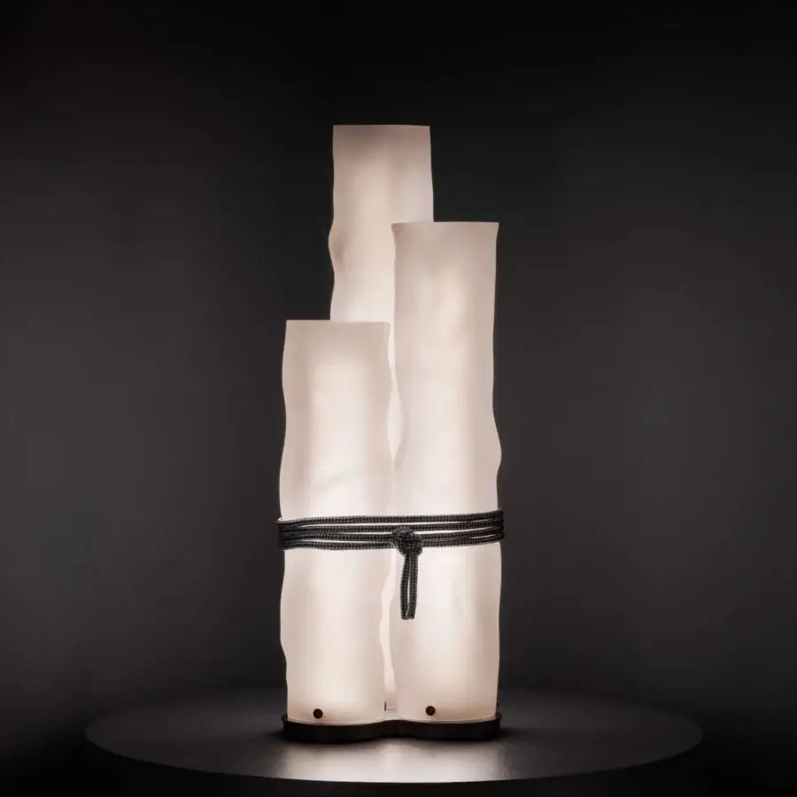 Distinguished Contardi Baggy Trio table lamp crafted in double-satin polycarbonate with a softly textured off-white finish