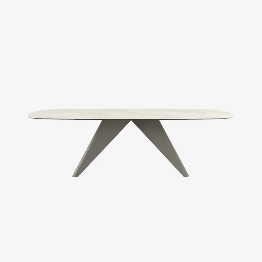 Distinguished Tonin Casa Simposio table with light grey-white ceramic and muted grey metal, displaying geometric precision