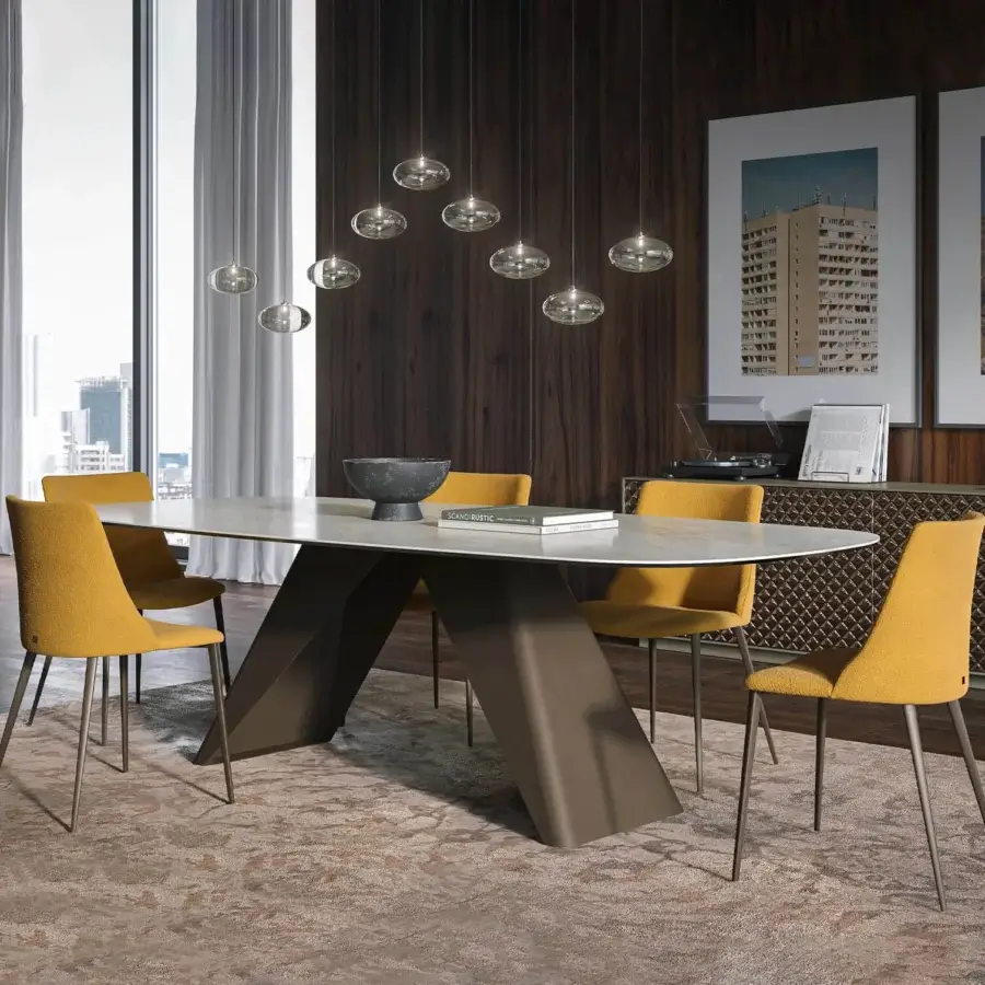 Superior Tonin Casa Simposio table with dark brown wood base and matte light grey customizable tabletop