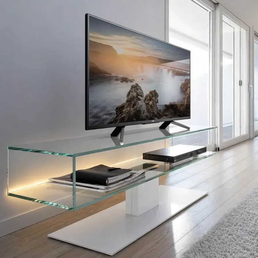 Elegant Ivano Antonello Italia Daniel TV stand with clear glass surfaces and glossy white painted metal base