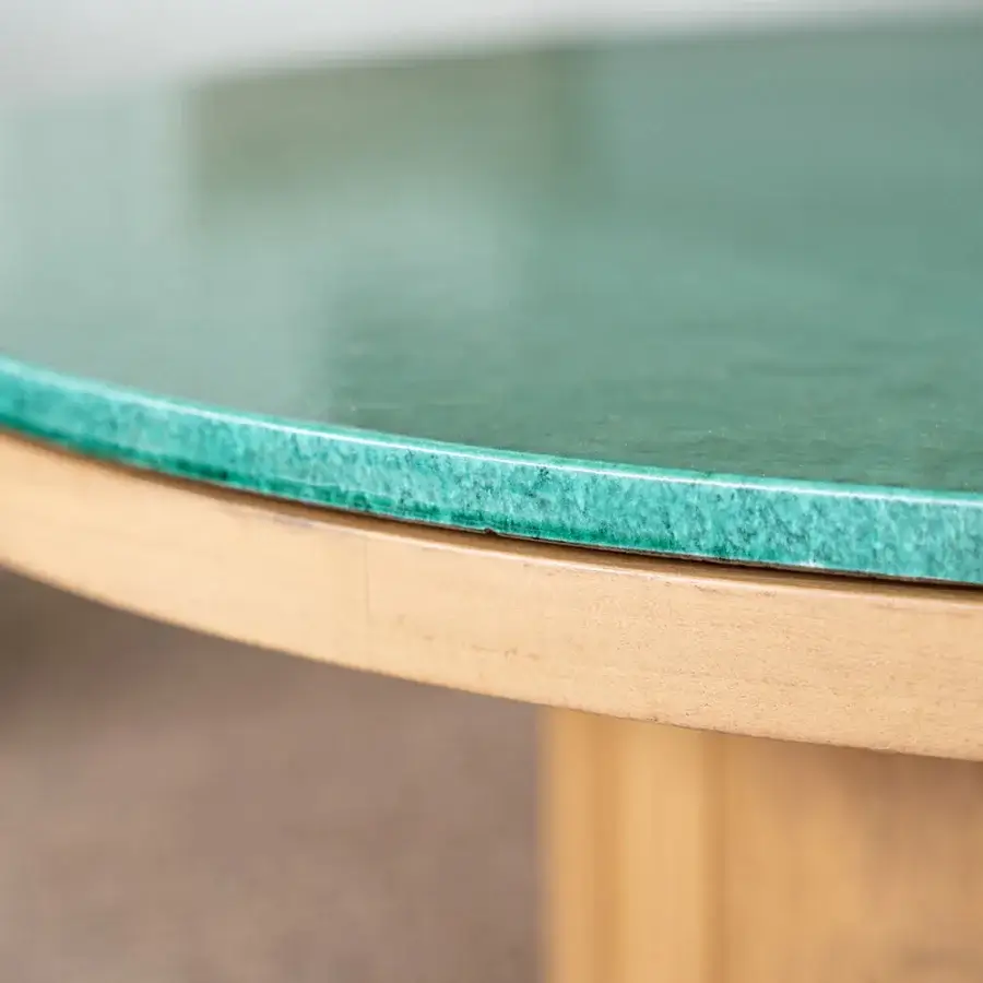 Exceptional Atmosphera Frisbee coffee table with a robust teak base and striking teal green Gres tabletop exhibiting a textured glossy surface