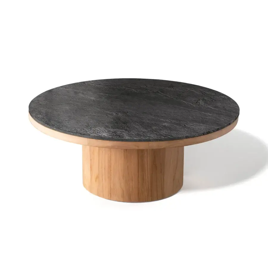 Superior Atmosphera Frisbee coffee table crafted in dark Gres stone with a warm medium-brown teak base