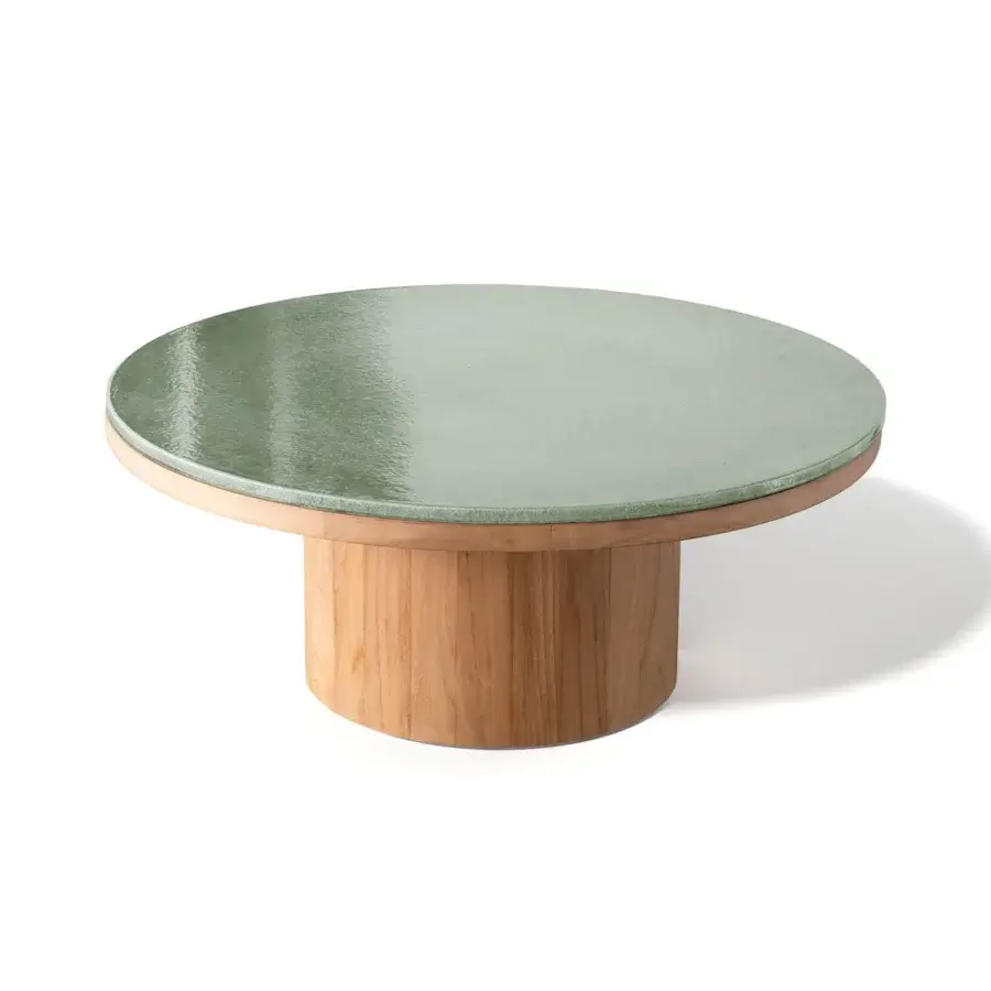 Distinguished Atmosphera Frisbee coffee table with muted green glass and a robust teak wood base exhibiting a smooth finish