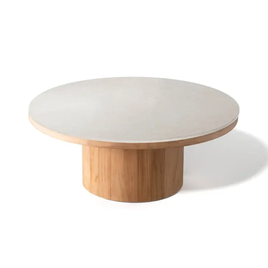 Exceptional Atmosphera Frisbee coffee table with light gray Gres tabletop and warm teak base in satin finish