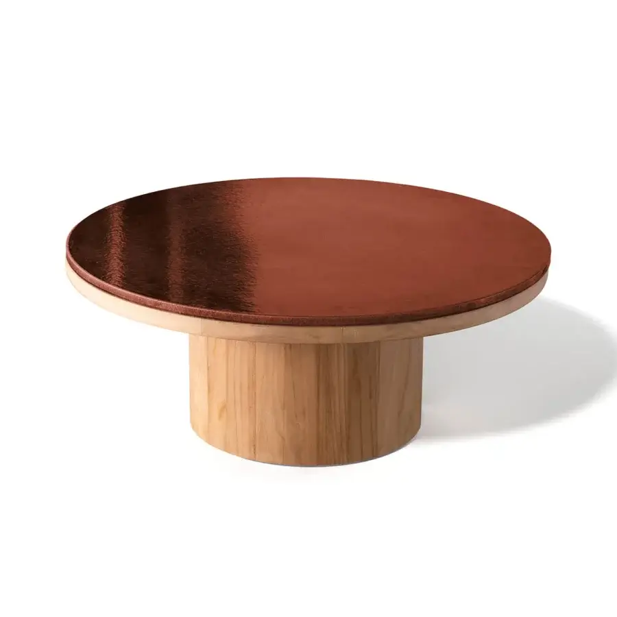 Elegant Atmosphera Frisbee coffee table with reddish-brown Gres tabletop and satin finish teak base