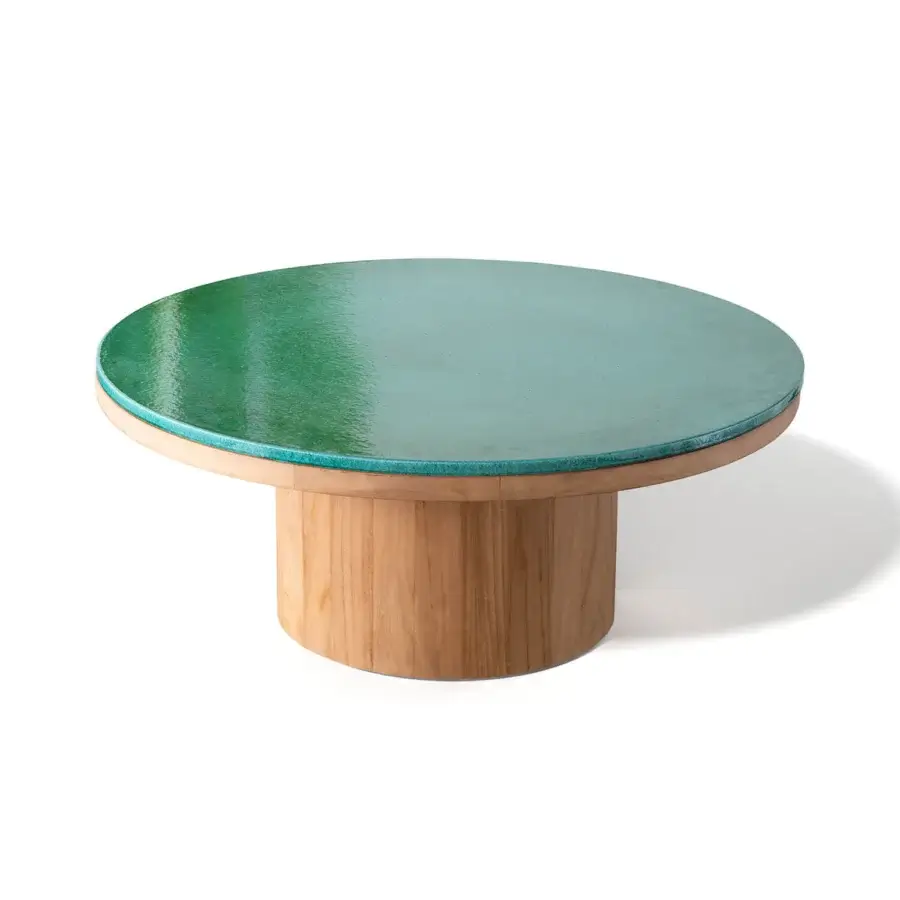 Superior Atmosphera Frisbee coffee table with teal-to-turquoise Gres tabletop and refined teak base crafted with a glossy finish
