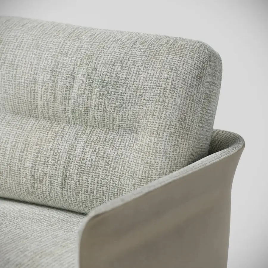 Distinguished Capital Mon Allure lounge chair with muted gray-green textured textile and metal-finished plinth base