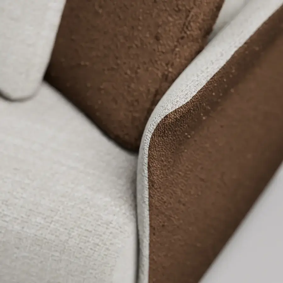 Exceptional Capital Mon Allure lounge chair with warm brown textile upholstery and metal-finished plinth base crafted in Italy