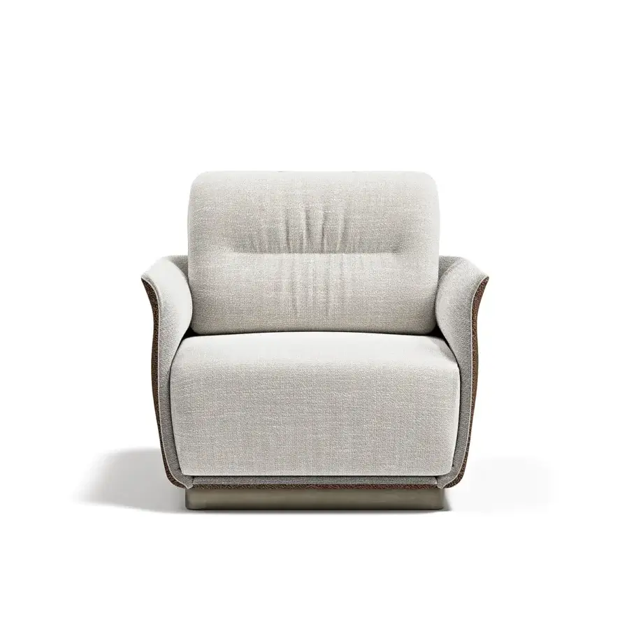 Alluring Capital Mon Allure lounge chair with textured light neutral textile and warm satin-finish brown wood trim