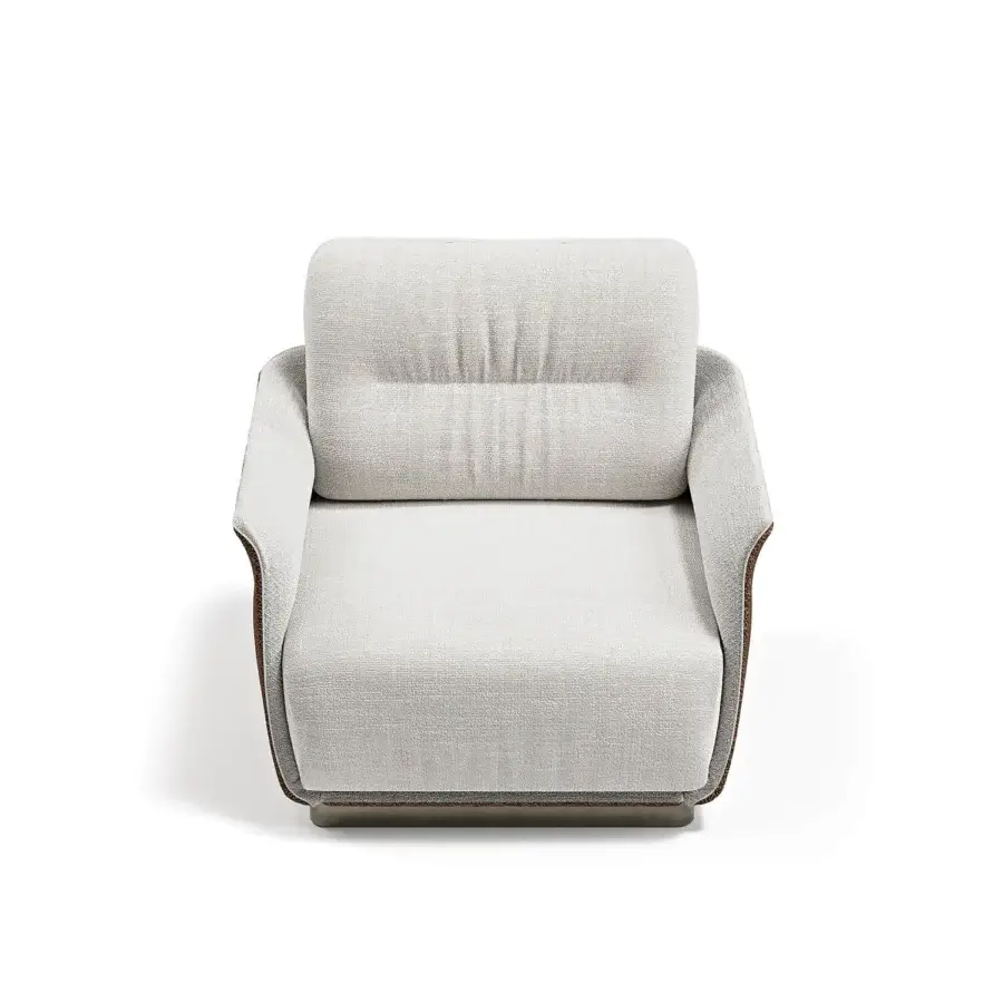 Distinguished Capital Mon Allure lounge chair with graceful curved shell, light neutral textile and warm brown wood trim finish