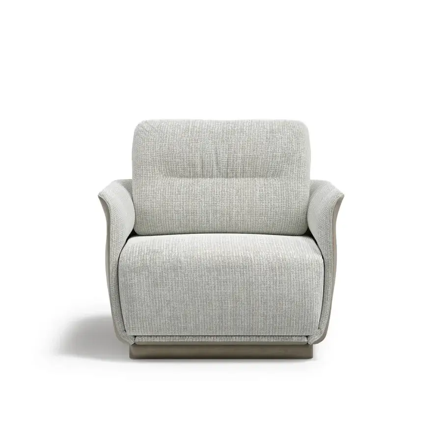 Elegant Capital Mon Allure lounge chair with curved foam shell, light gray heathered textile upholstery and satin-finished wooden plinth base