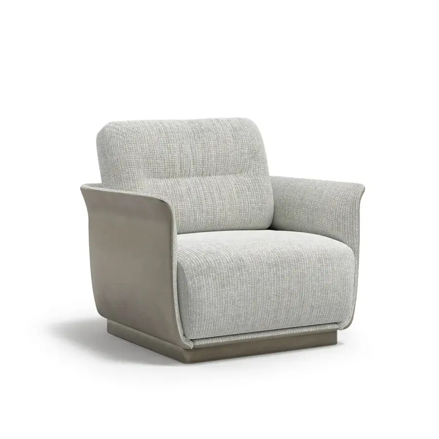 Captivating Capital Mon Allure lounge chair with curved foam shell, light gray textured fabric and satin-finished brown wooden plinth base