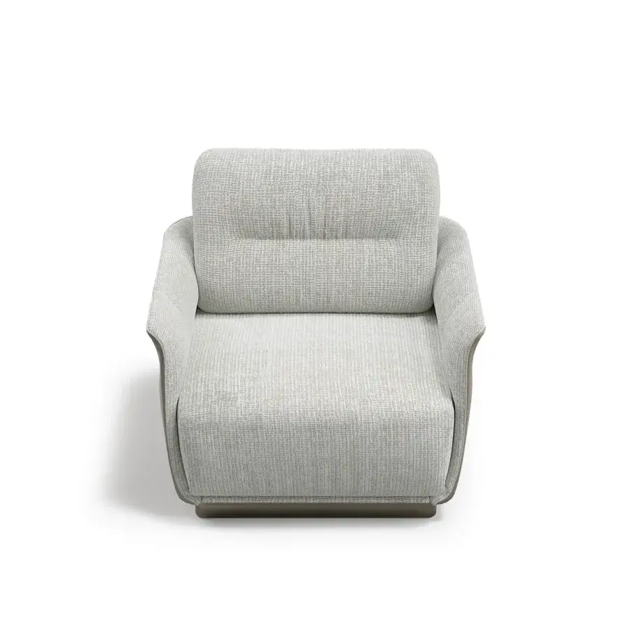 Superior Capital Mon Allure lounge chair with graceful curved form, heathered gray textile upholstery and smooth brown wood plinth base
