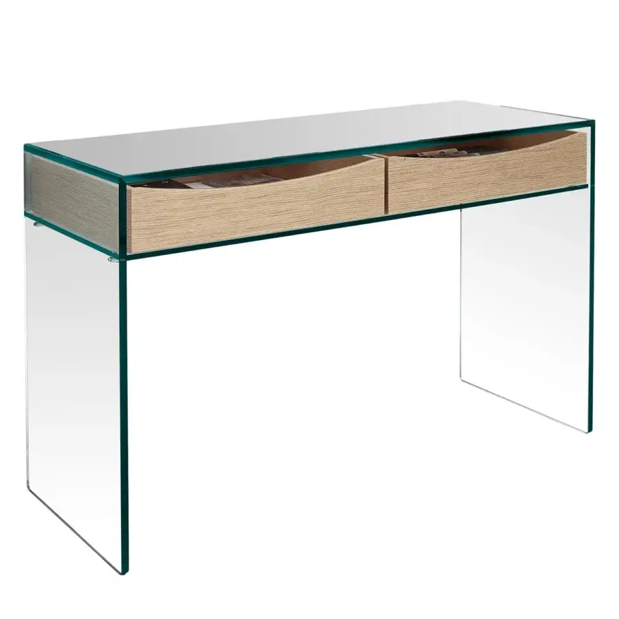 Distinguished Tonelli Design Gulliver console crafted in transparent glass with light wood-tone drawers and a light gray frame