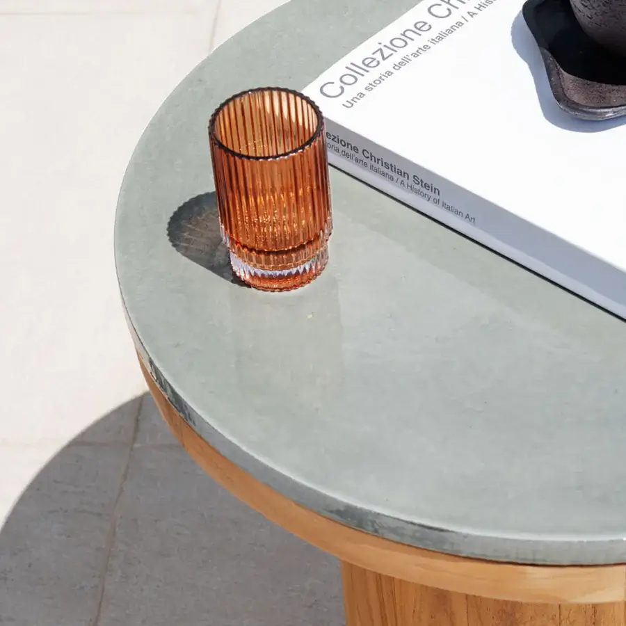 Superior Atmosphera Frisbee side table with a teak base and refined Gres tabletop in a muted grey finish